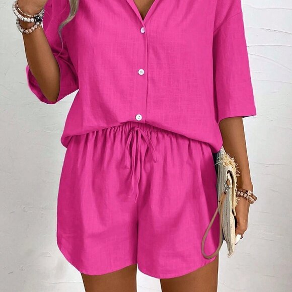 Hot Pink Casual Women's Summer Solid Color Drop-Shoulder Shirt And Loose Shorts - Picture 4 of 7